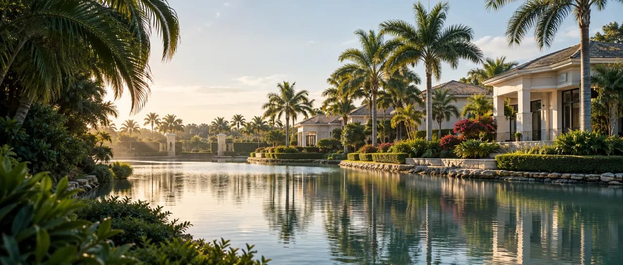 Palm-lined homes along a South Florida community waterway