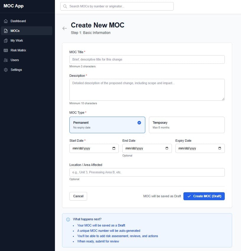 Create New MOC — step-by-step workflow